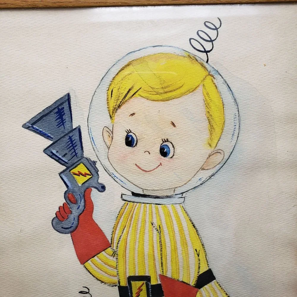 Vintage Child Art Paintings Pirate Astronaut Set Framed Watercolor Signed